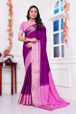 Dharmata Enterprise Solid/Plain, Self Design Daily Wear Crepe Saree(Purple, Pink)