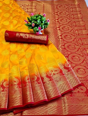 Creativen Self Design, Woven Banarasi Jacquard Saree(Yellow, Red)