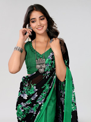 ANIRAV Floral Print Daily Wear Georgette Saree(Green)