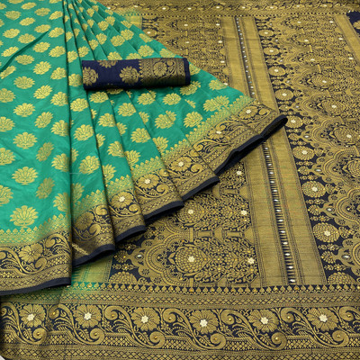 Radadiyabrothers Woven, Self Design, Temple Border, Dyed Banarasi Jacquard Saree(Dark Green, Dark Blue)