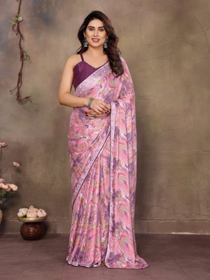 ROOP SUNDARI SAREES Floral Print, Printed, Embellished Pre Draped Saree Chiffon Saree(Pink, Multicolor)
