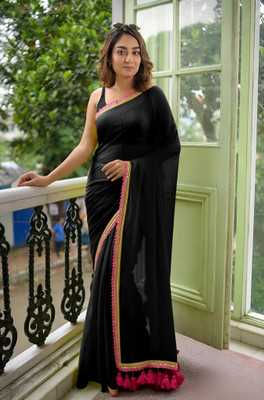 HouseOfCommon Embellished, Embroidered, Solid/Plain Bollywood Georgette Saree(Black)