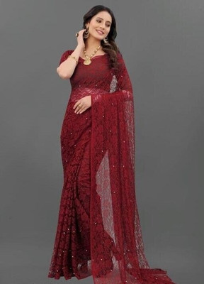 NORAFLEX Floral Print Daily Wear Net Saree(Maroon)