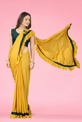 Dream Clouds Embellished Bollywood Lycra Blend Saree(Yellow)