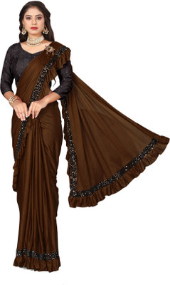 mahi bhag creation Solid/Plain, Applique, Paisley, Embroidered Banarasi Lycra Blend Saree(Brown)