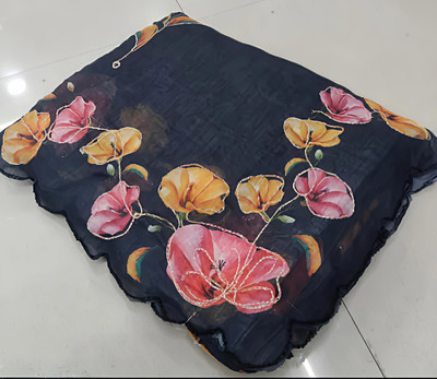 VCREATION Digital Print Bollywood Cotton Linen Saree(Black)