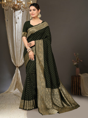 FAB WOVEN Printed Banarasi Silk Blend Saree(Green)