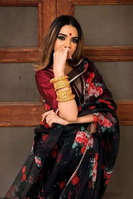Pemal Designer Digital Print Bollywood Organza Saree(Black)