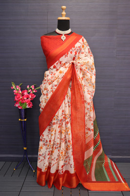 Kjs Digital Print Sambalpuri Cotton Blend Saree(Orange)