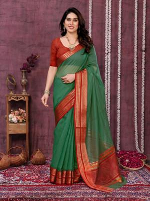 Moda Rapido Polka Print Kota Doria Cotton Blend Saree(Green)