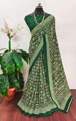 Kanooda Prints Printed Bandhani Georgette Saree(Dark Green)