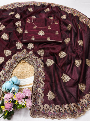 Fikfoluo Embroidered Bollywood Organza Saree(Maroon)