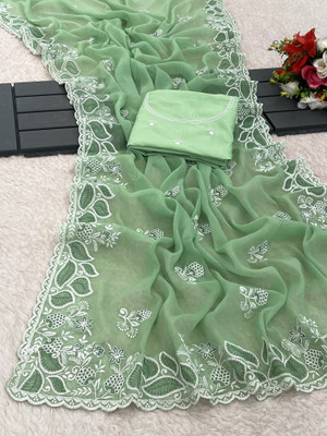 CRAZY CREATION Embroidered Daily Wear Georgette Saree(Green)