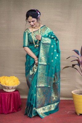 tapovan fashion Embellished, Self Design, Woven Kanjivaram Silk Blend, Jacquard Saree(Light Green)