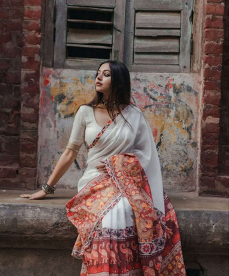 VCREATION Digital Print Bollywood Cotton Linen Saree(Multicolor)