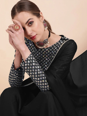 zili Solid/Plain Daily Wear Georgette Saree(Black)