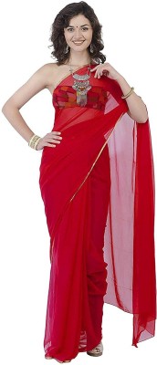 Desi Style Solid/Plain Daily Wear Velvet, Chiffon Saree(Red)