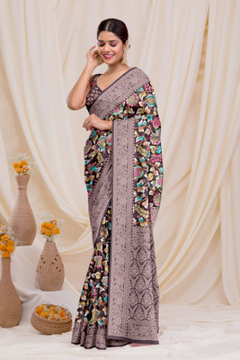 Dharmata Enterprise Digital Print, Printed Banarasi Crepe Saree(Black)
