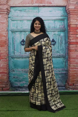 Jaipuri Print Printed Daily Wear Pure Cotton Saree(Black)
