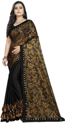 kealawomenclothing Floral Print Bollywood Lycra Blend Saree(Brown, Black)