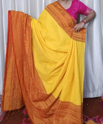 GhoshEthnic Woven Kanjivaram Handloom Cotton Blend Saree(Yellow)