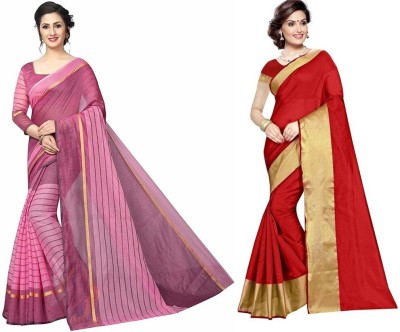 Suali Striped Bollywood Cotton Silk Saree(Pack of 2, Red, Pink)