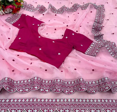 RamKrupa Creation Embroidered Bollywood Net Saree(Pink)