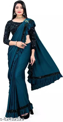 PLEXSTAR Embellished Bollywood Lycra Blend Saree(Dark Blue)