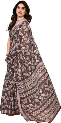 Bandhanivilla Printed Bollywood Cotton Linen Saree(Brown)