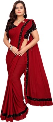 Memsaab Creation Solid/Plain Bollywood Lycra Blend Saree(Red)