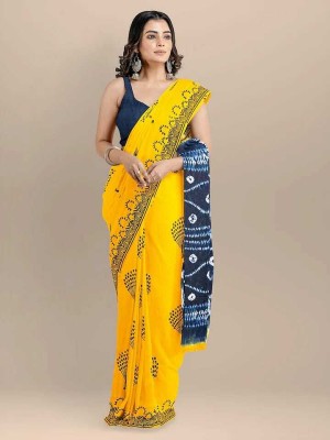 NIKHILAM Printed Ikkat Pure Cotton Saree(Yellow, Blue)