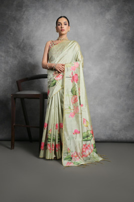 PeachPetals Floral Print, Printed Banarasi Cotton Silk Saree(Light Green)