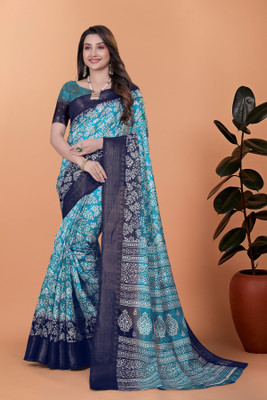 RASIFASHION Printed Chanderi Cotton Blend Saree(Light Blue)