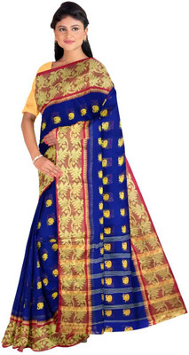 HARE KRISHNA ENTERPRISE Solid/Plain Handloom Pure Cotton Saree(Blue)