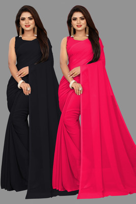 mamtasaree Solid/Plain Bollywood Georgette Saree(Pack of 2, Black, Pink)