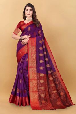 SHREE NATH CREATION Woven, Checkered Banarasi Cotton Silk, Art Silk Saree(Magenta, Red)