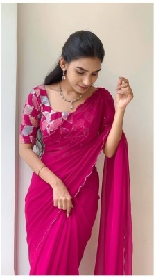 Bollytrend Solid/Plain Bollywood Georgette, Silk Blend Saree(Pink)