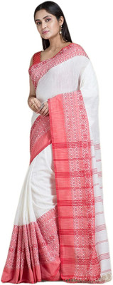 Rnn Self Design, Color Block Handloom Pure Cotton Saree(White, Red)