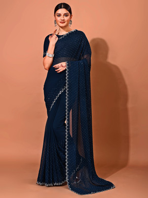 Divastri Embellished Bollywood Chiffon Saree(Dark Blue)