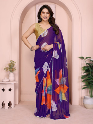 RAJESHWAR FASHION Floral Print Pre Draped Saree Georgette Saree(Purple, Multicolor)