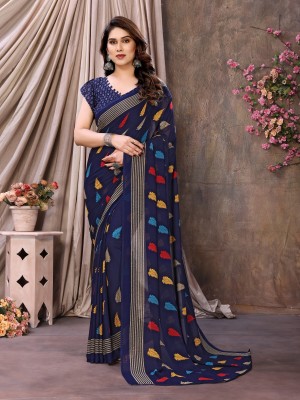 THE URBAN DIVA Printed Bollywood Georgette Saree(Dark Blue, Red, Yellow, Cream)