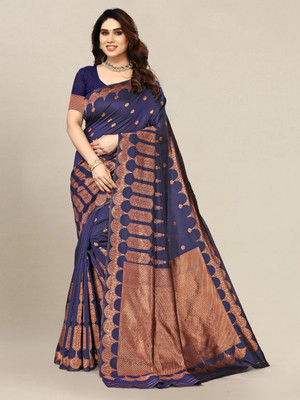 HouseOfCommon Woven, Self Design Banarasi Jacquard, Silk Blend Saree(Dark Blue)