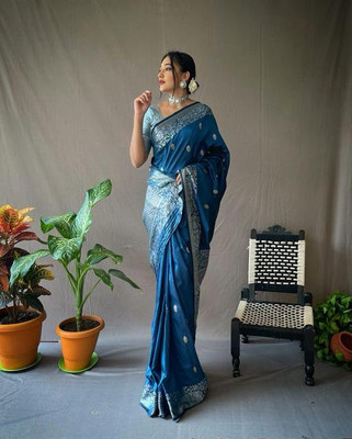 WOMENELEGENCE Embellished Banarasi Pure Silk Saree(Light Blue)