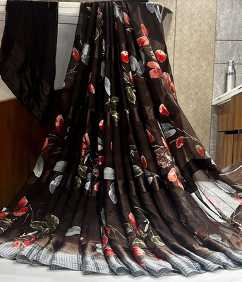 Sanwariya Silks Floral Print Daily Wear Satin Saree(Brown)