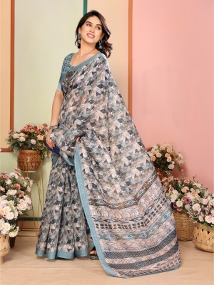 Sidhidata Printed, Geometric Print, Digital Print Daily Wear Cotton Linen Saree(Light Green)