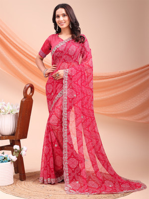 Divastri Printed Bandhani Georgette Saree(Pink)