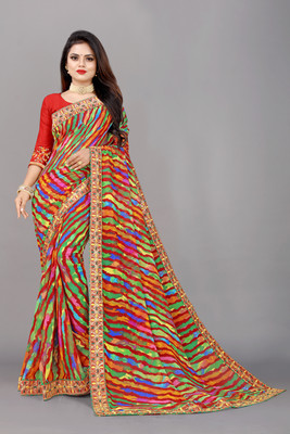 HouseOfCommon Printed Leheria Georgette, Chiffon Saree(Red)