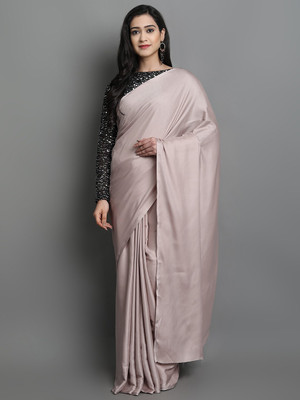 VILLAGIUS Solid/Plain Bollywood Silk Blend, Satin Saree(Silver)