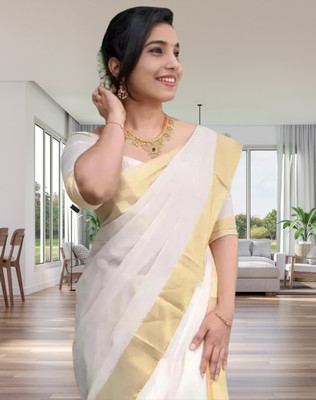 ShriSaree Woven Kasavu Pure Cotton Saree(White)