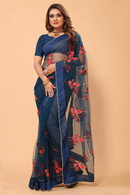 Rityanusaar Embroidered Bollywood Net Saree(Blue)